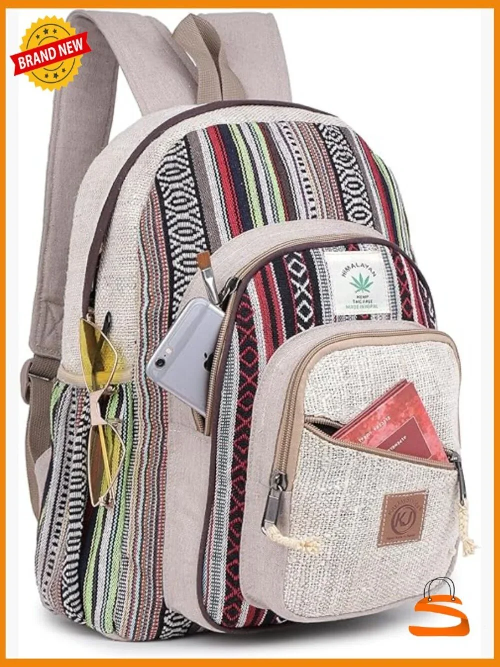 Large Multi Pocket Hemp Nepal Backpack Boho Daypack